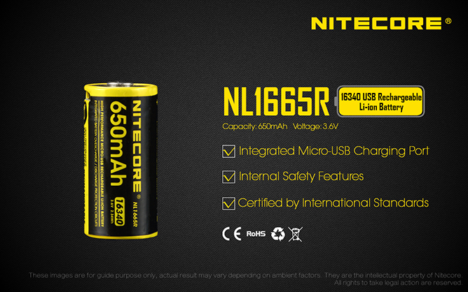 Nitecore NL1665R 650mAh Micro-USB rechargeable 16340 Li-ion Battery