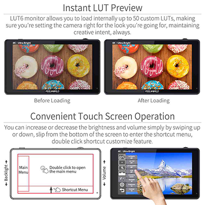 1019591_B.jpg - Feelworld LUT6 2600NITS HDR 3D LUT Touch Screen Monitor with Waveform 4K HDMI - Image 2