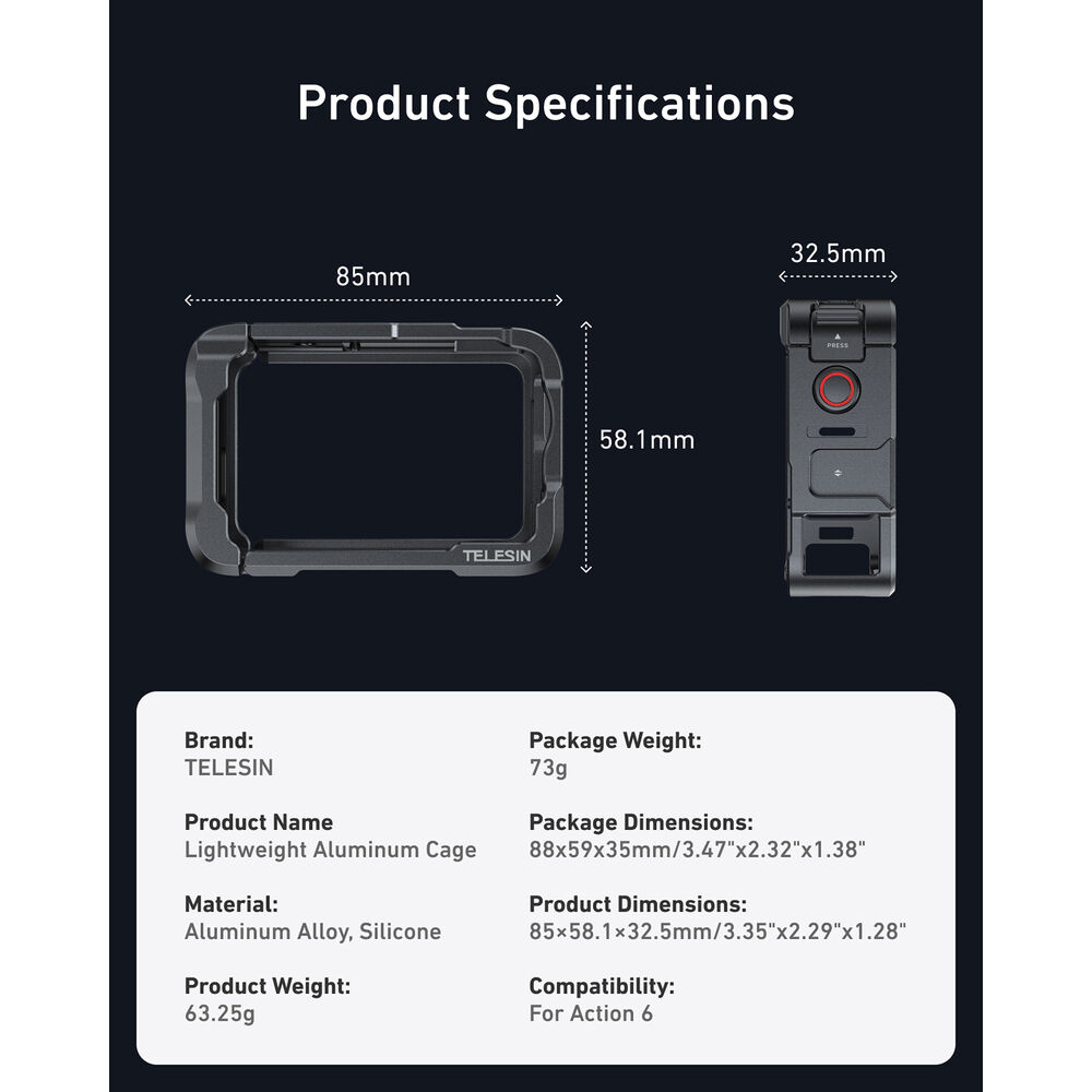 1026122_E.jpg - Telesin Lightweight Aluminium Cage for DJI OSMO Action 6 - Thumbnail 5